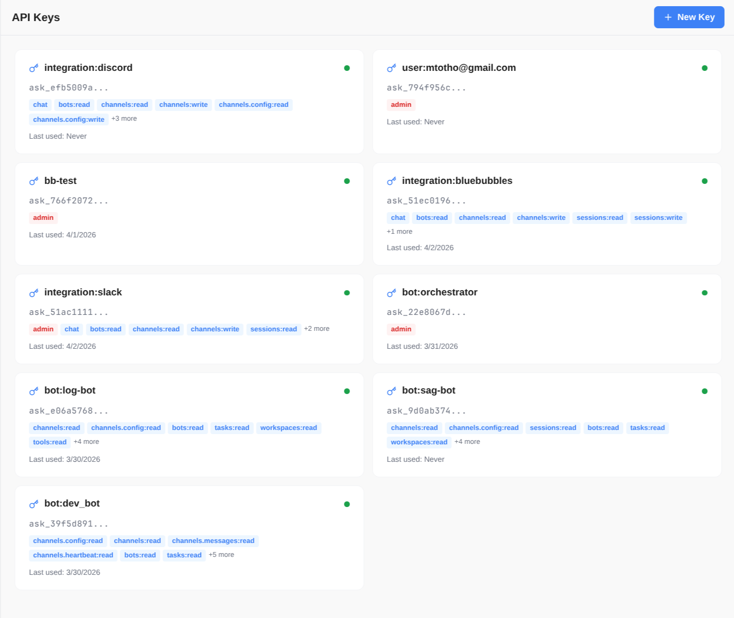 API Keys showing scoped permissions for integrations and bots