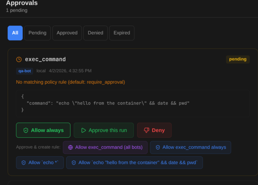 Tool approval gate with Allow always, Approve this run, Deny, and smart rule suggestions