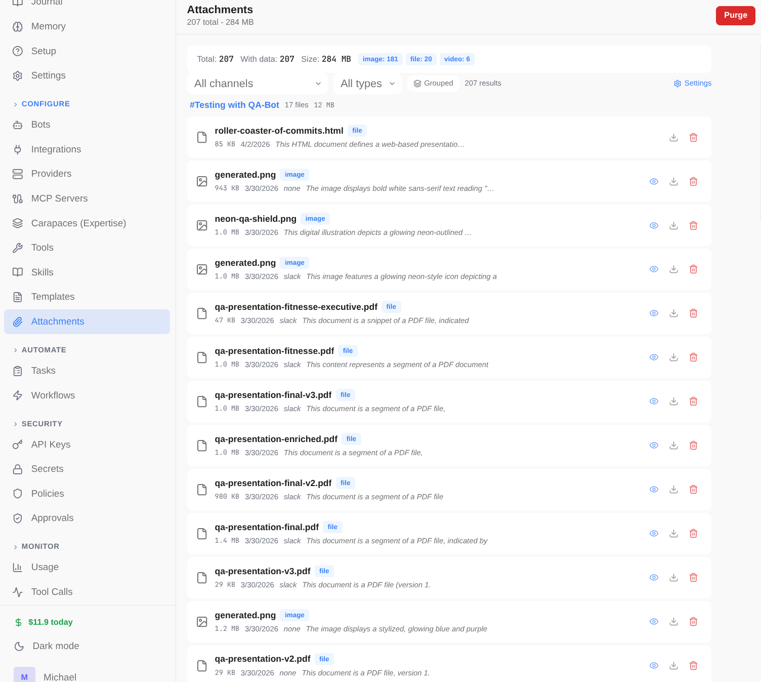 Attachments list showing uploaded files with metadata