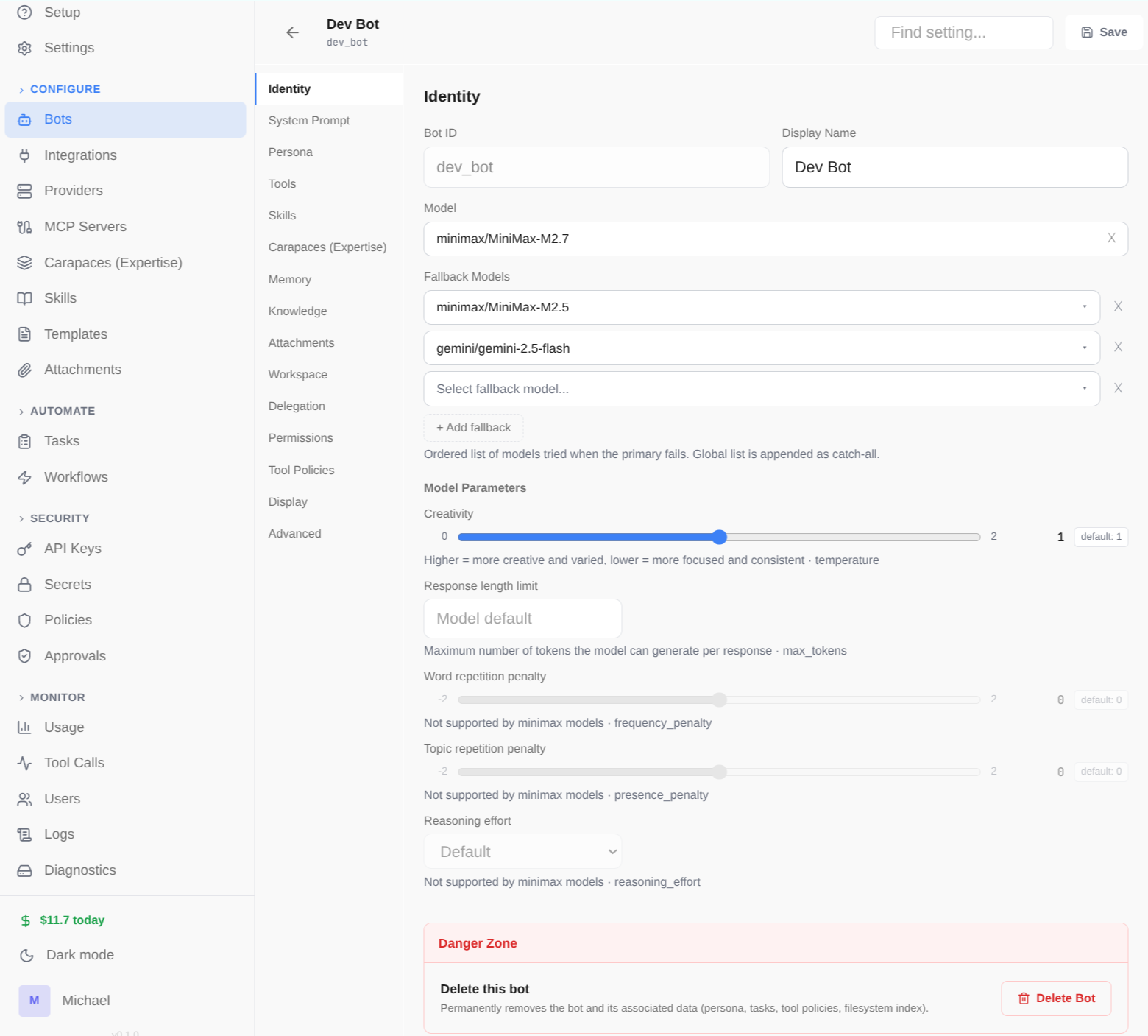Bot identity configuration