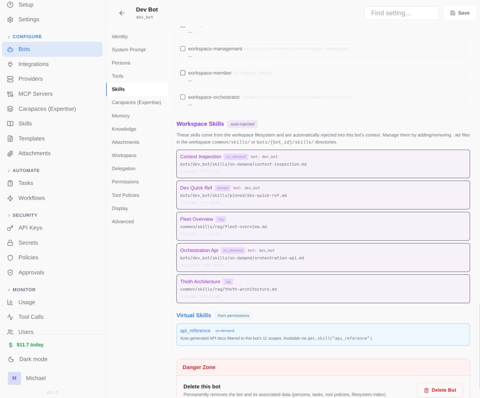 Bot skills configuration
