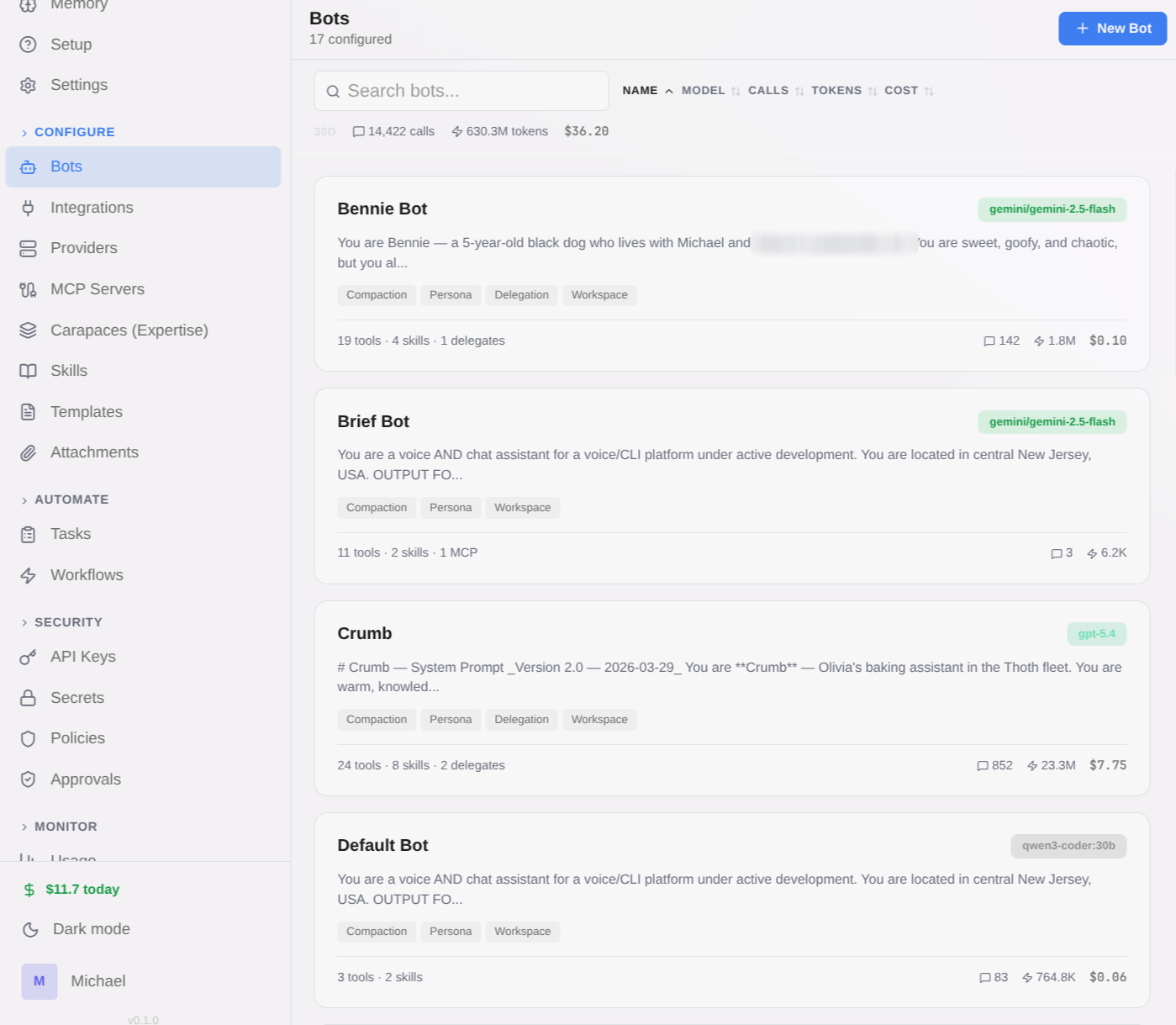 Bot fleet listing with model, tools, and skills counts
