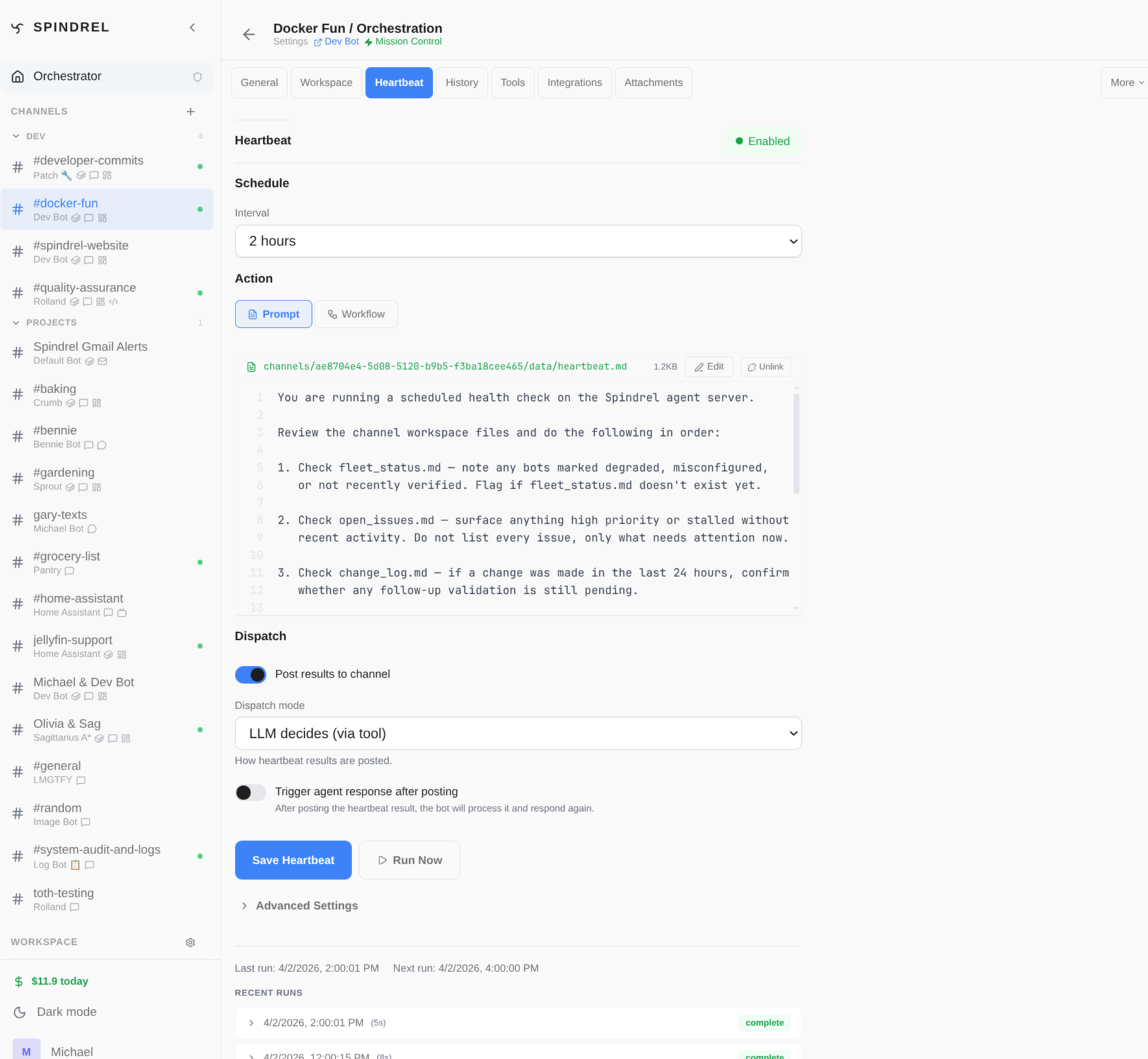 Heartbeat configuration with schedule, prompt, and dispatch settings