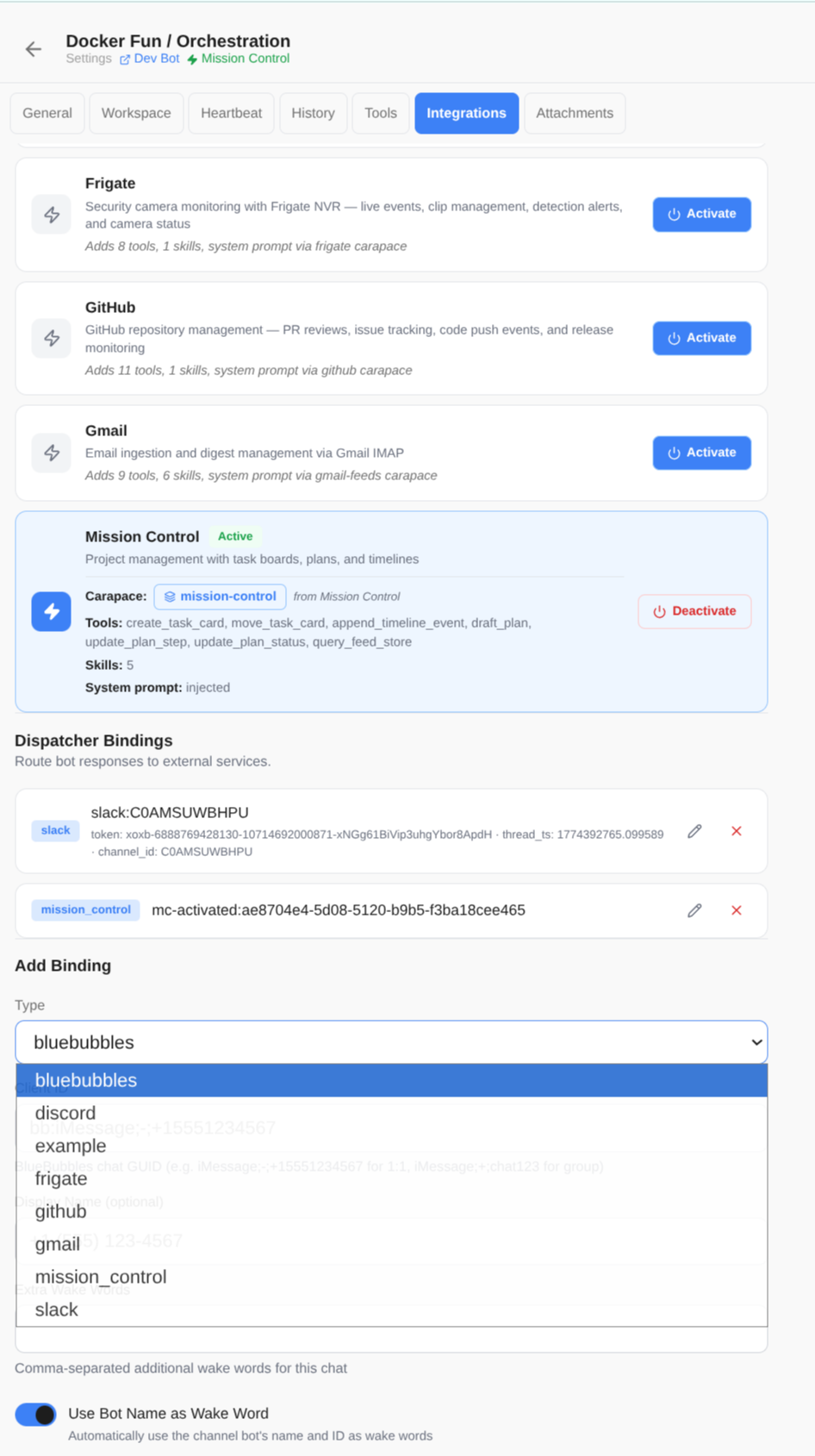 Channel integrations tab showing activations and dispatcher bindings