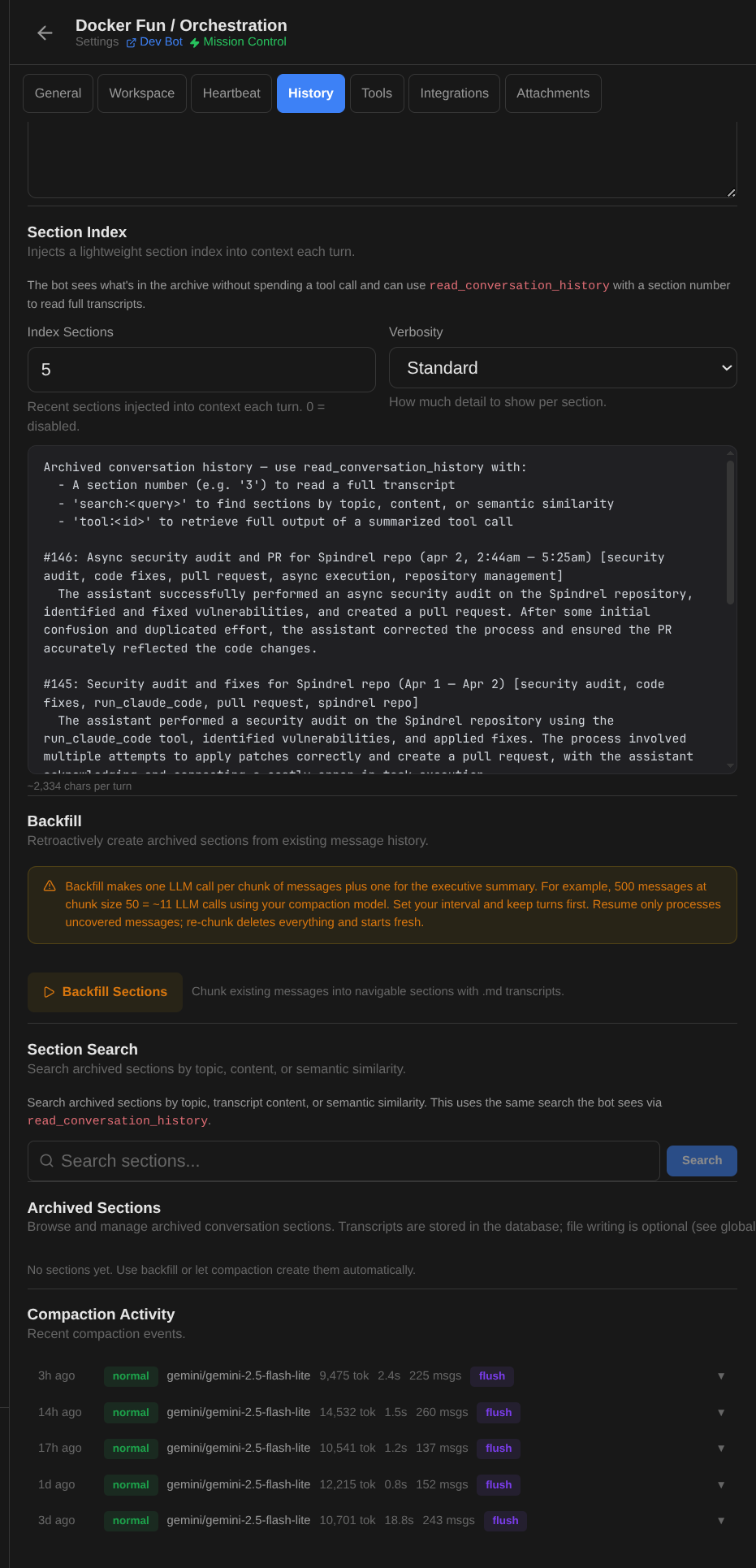 Section index, archived sections, and compaction activity