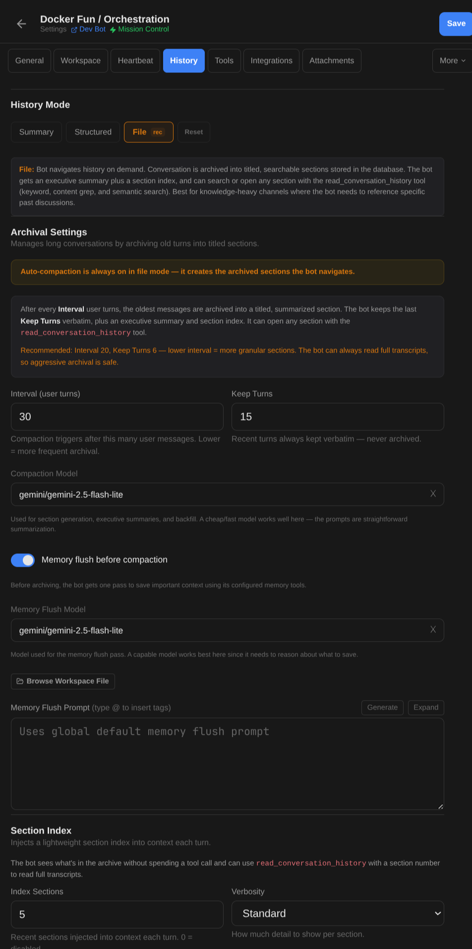 History mode with archival settings and memory flush
