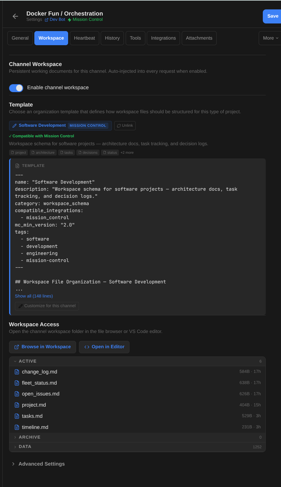 Channel workspace settings showing template, file browser with active files, archive, and data sections