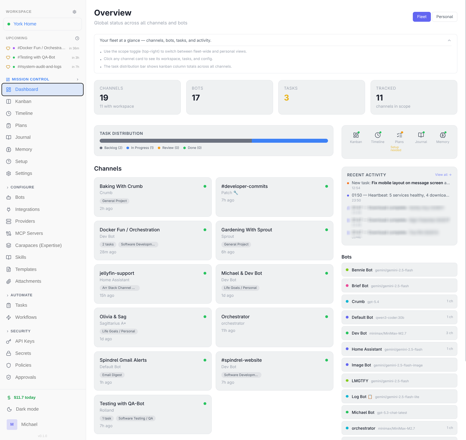 Mission Control dashboard with task board and timeline