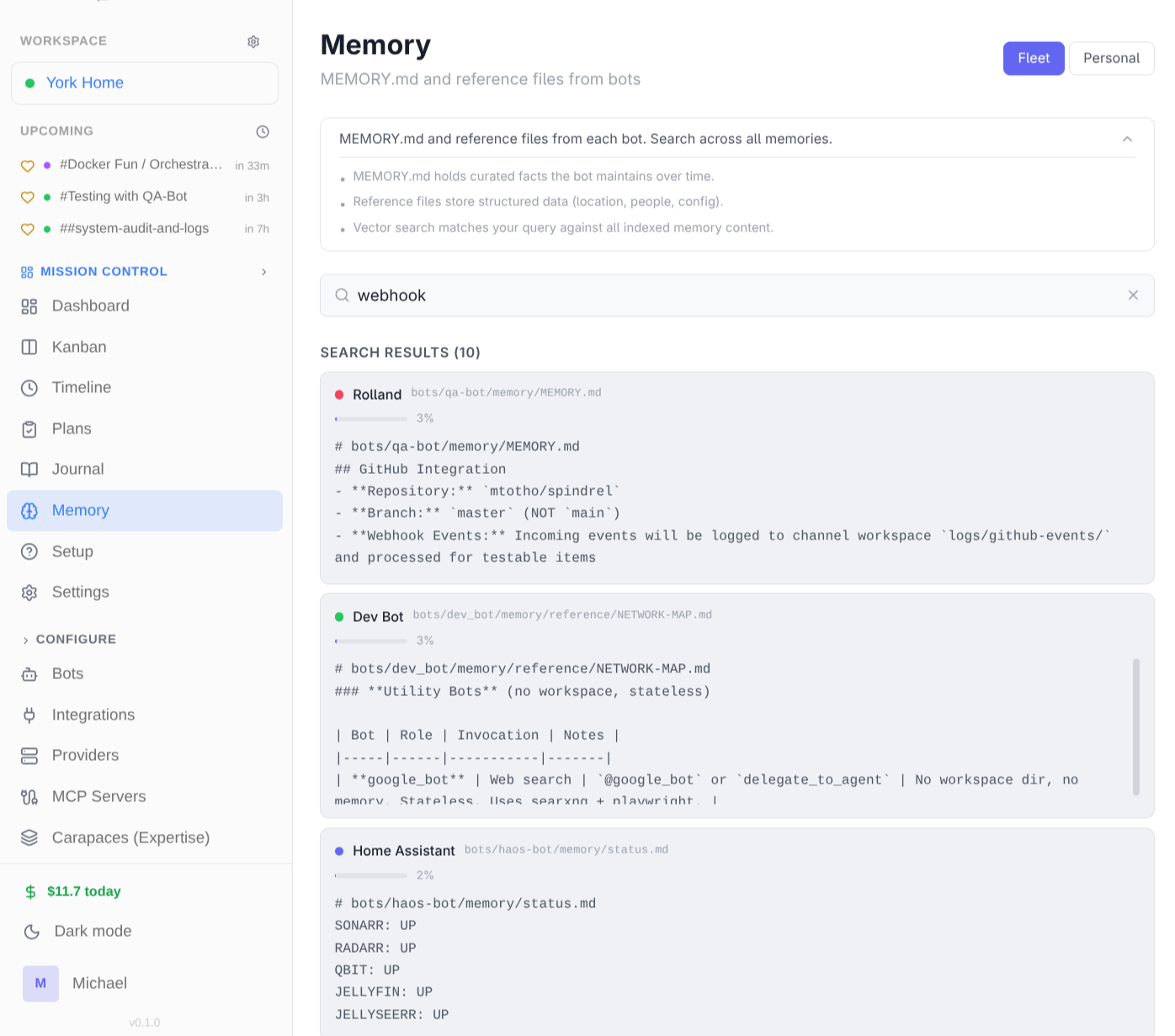 Bot memory view with MEMORY.md and daily logs