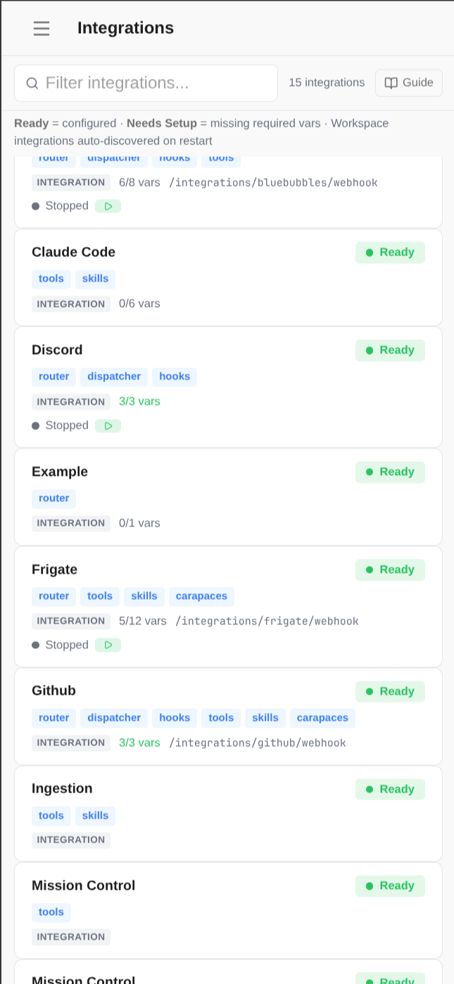 Integration manager showing 15 integrations with Ready status