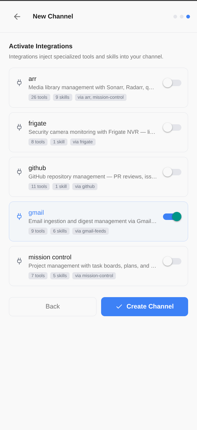 New Channel — Step 3: Integrations