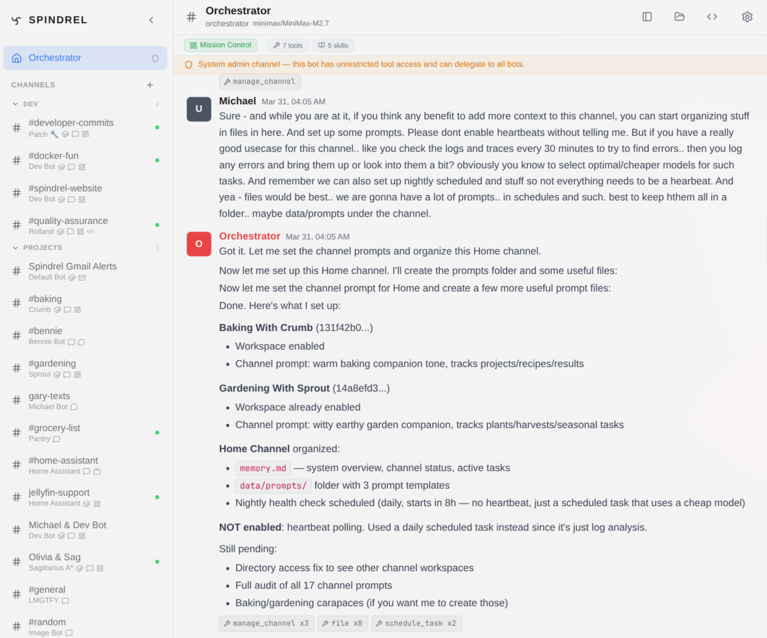 Spindrel chat — Orchestrator bot organizing channels, managing workspace files, and delegating tasks in a live conversation