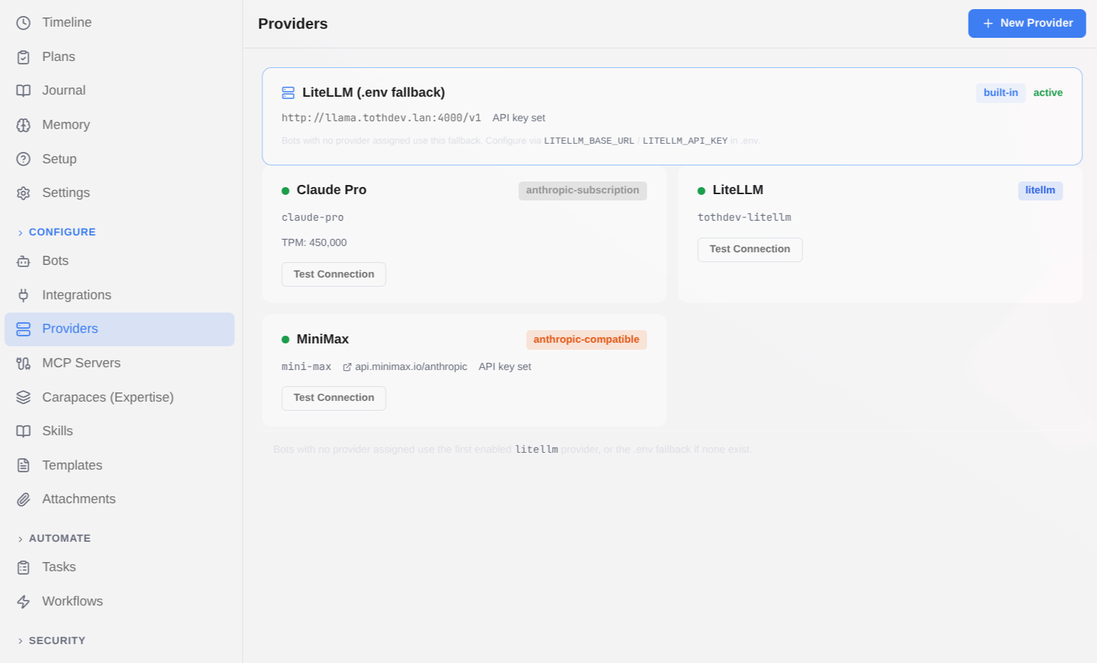 Provider configuration screen