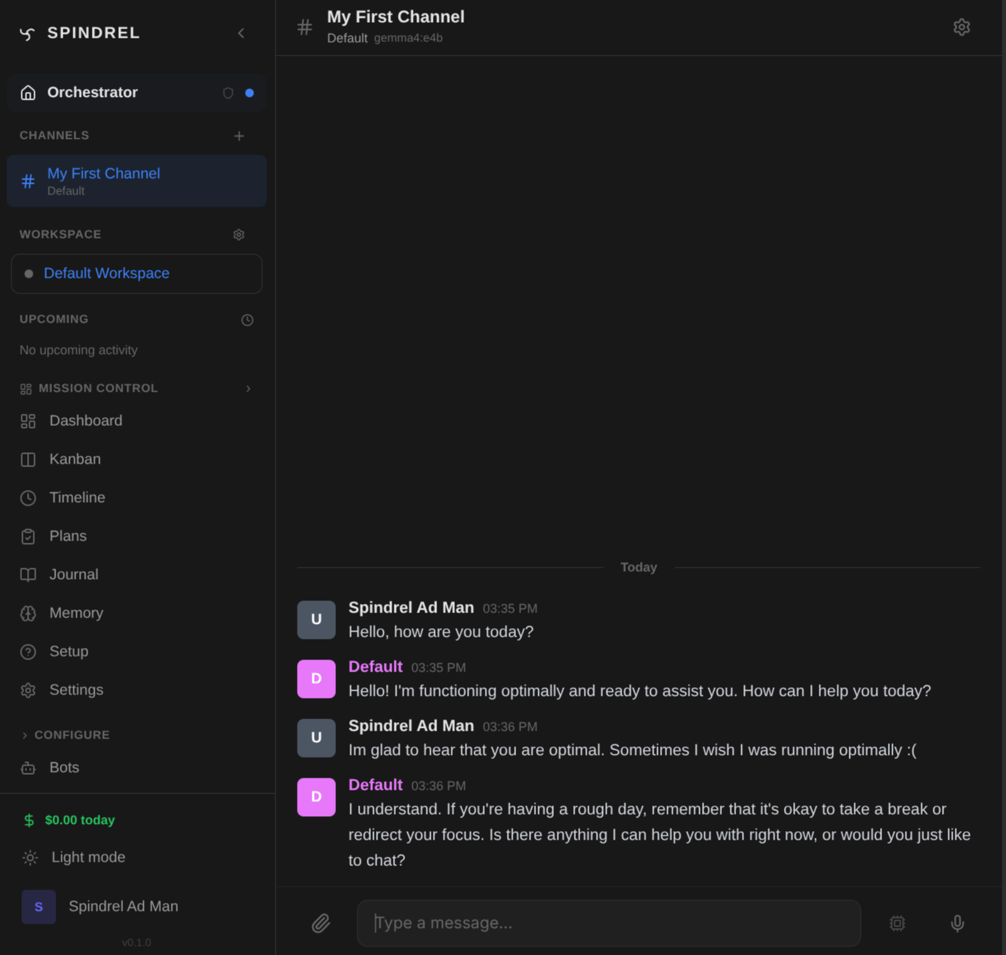 First conversation with gemma4 model in the Spindrel UI