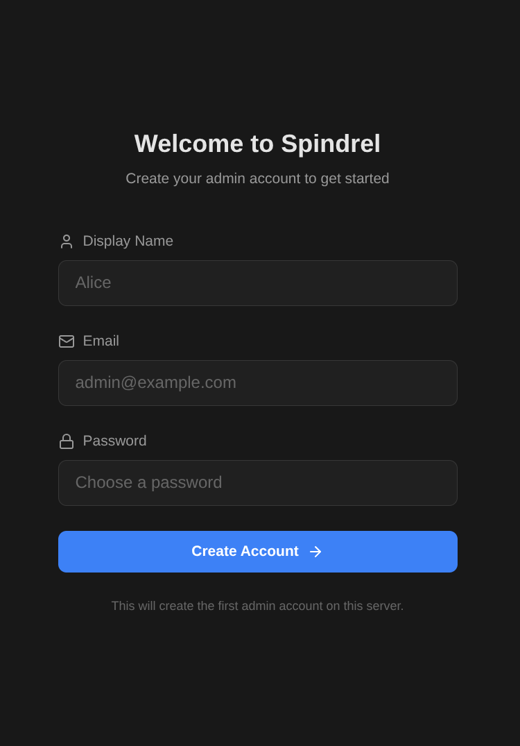Welcome screen — create admin account