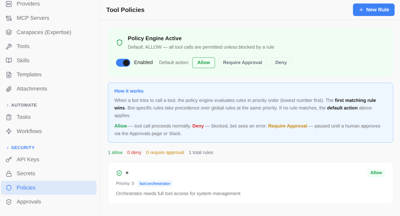 Tool Policies admin page showing per-tool permission rules