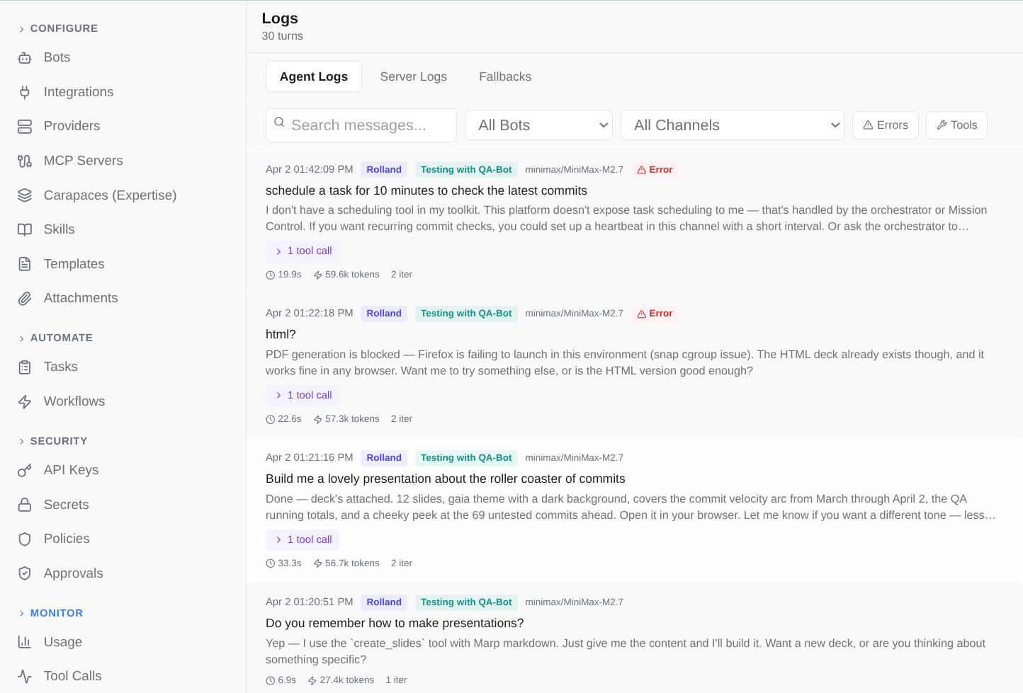 Trace logging showing bot monitoring activity