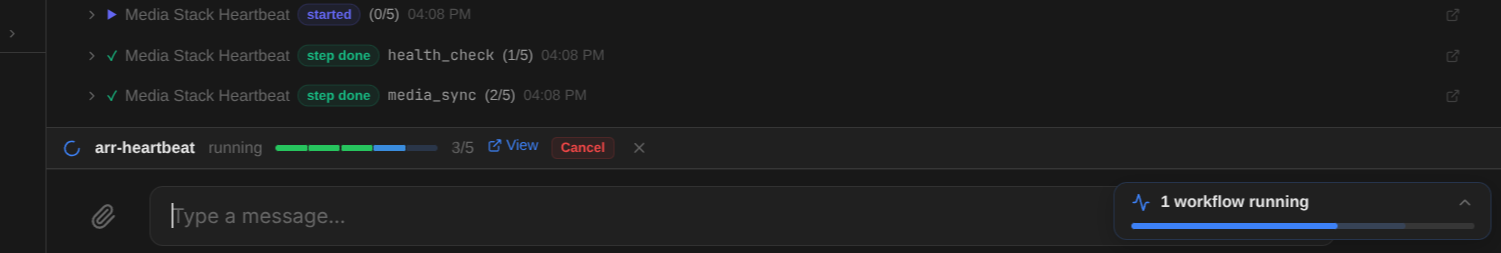Live workflow running in chat with step progress