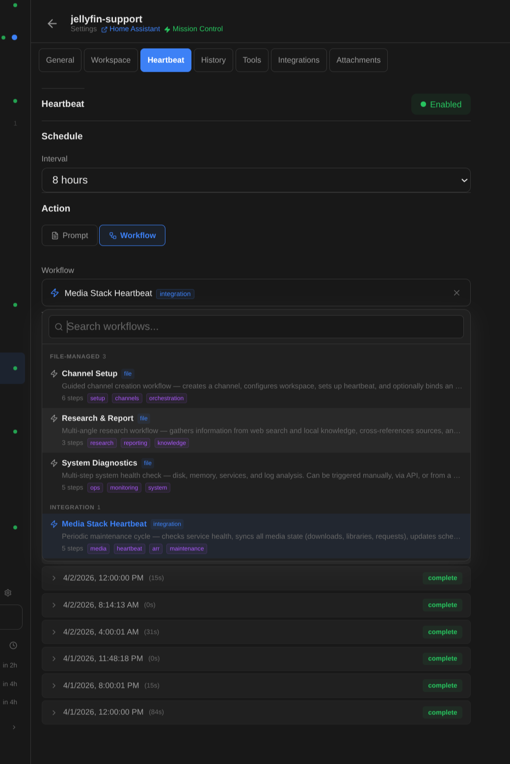 Heartbeat triggering a workflow with run history