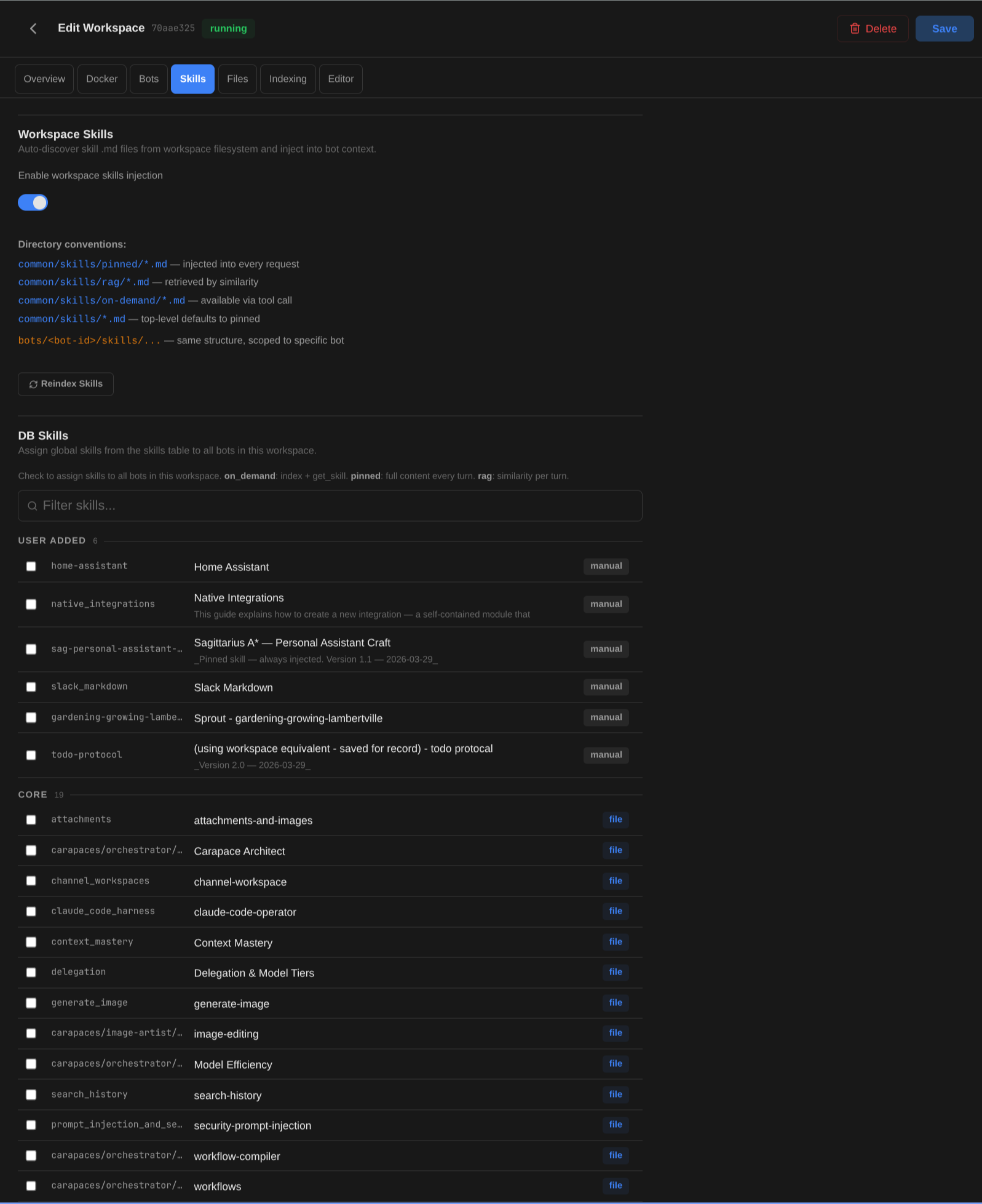 Workspace skills admin with directory conventions and skill injection modes